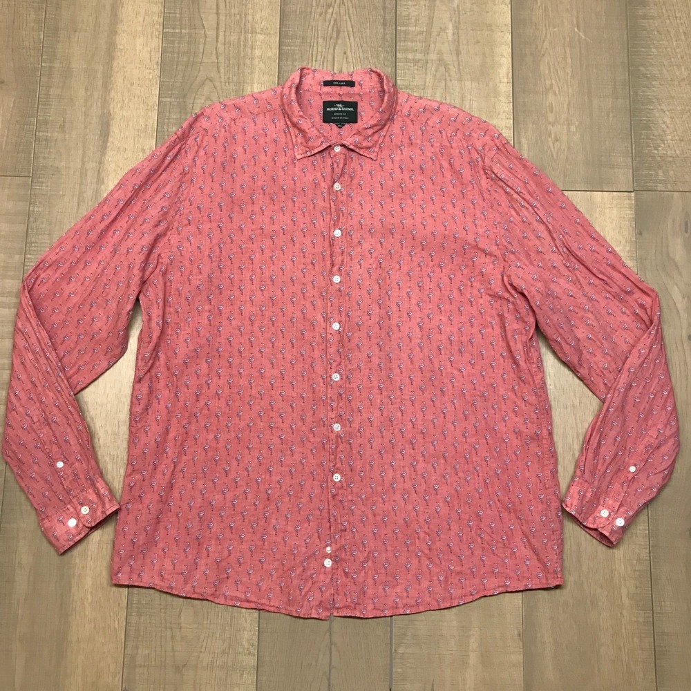 Rodd & Gunn Linen Shirt‎ Mens 3XL Flamingo Button Down Sports Fit Long Sleeve